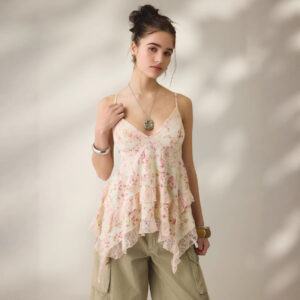 Retro Floral Chiffon Slimming Lace Flounce Strap Top – Elegant Summer Fashion Top for Women