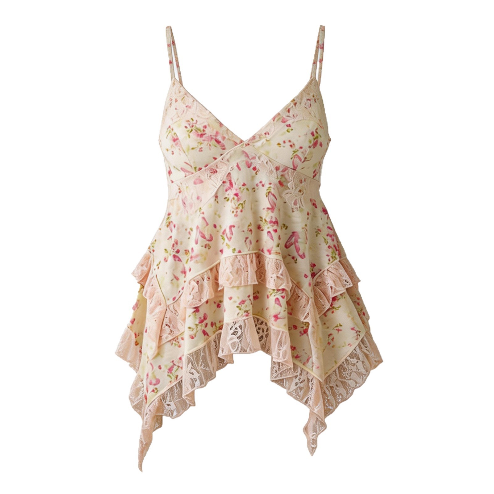 Retro Floral Chiffon Slimming Lace Flounce Strap Top – Elegant Summer Fashion Top for Women - Image 3