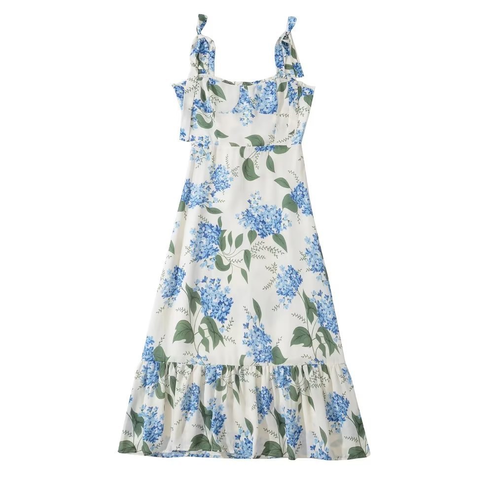 Summer Floral Chiffon Flounce Dress – Wide Brim Waist Strap Slim Fit Elegant Beach Maxi Dress for Women - Image 4