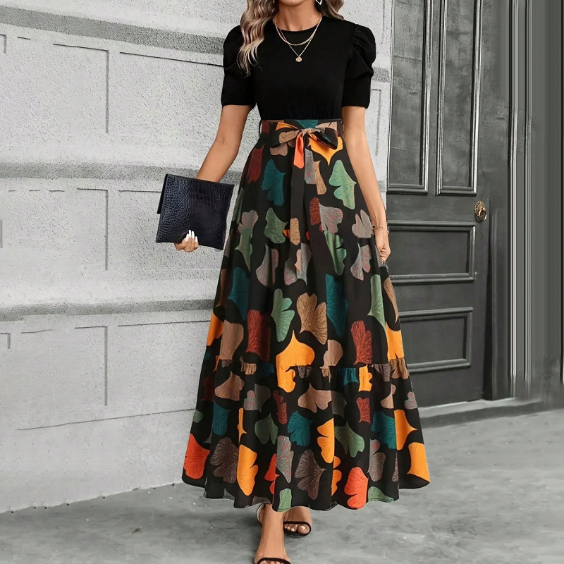 Printed Crew Neck Maxi Dress for Women – Elegant Summer Casual Long Dress for Women