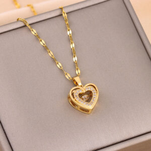 Double Layer Love Necklace with Rhinestones – Titanium Steel Pendant | Elegant Fashion Jewelry for Women | Valentine Gift