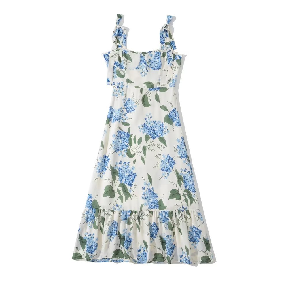 Summer Floral Chiffon Flounce Dress – Wide Brim Waist Strap Slim Fit Elegant Beach Maxi Dress for Women - Image 2