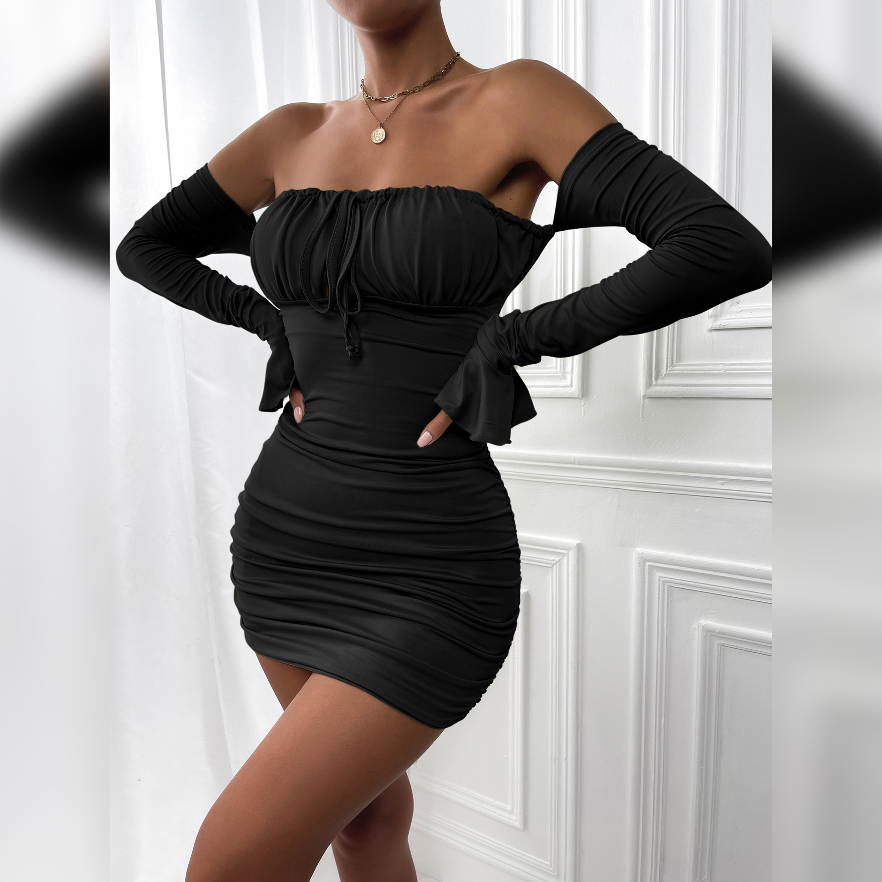Fashion Slim Off-shoulder Long Sleeve Dress Sexy Tie Pleated Short Dresses Womens Clothing - Image 5