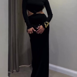 Black Cutout Waist Long-Sleeve Maxi Dress-Includes Waist Chain