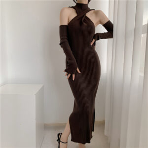 150f50bc-a42f-477a-a69e-46e4acd03f39.jpg Wear High-grade French Off-shoulder Knitted Dress Women's Cold Half Turtleneck Split Sheath Long Skirt