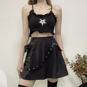 InstaHot Black Pockets High Waist Skirts Strap Zipper Pleated Skirt Women Gothic Punk Streetwear Casual Cargo Skirt Fashion