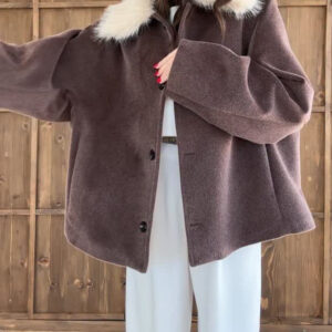 Brown Oversized Coat With White Faux Fur Collar
