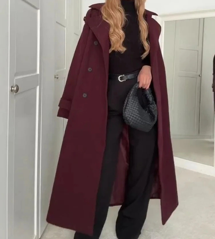 Fashion Lapel Woolen Coat With Belt Winter Double-breasted Trench Long Jacket For Women Clothing - Image 4