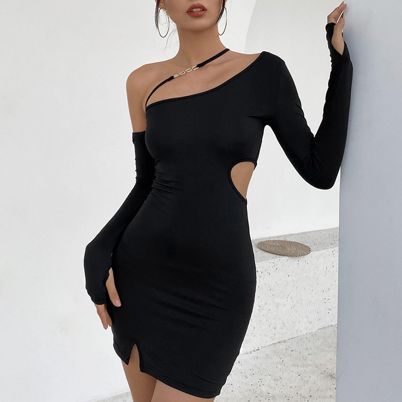 Irregular Slanted Shoulder Slit Long Sleeve Dress - Image 7
