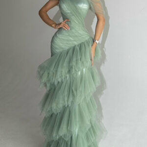 Elegant Light Green Strapless Mermaid Dress With Layered Tulle Skirt