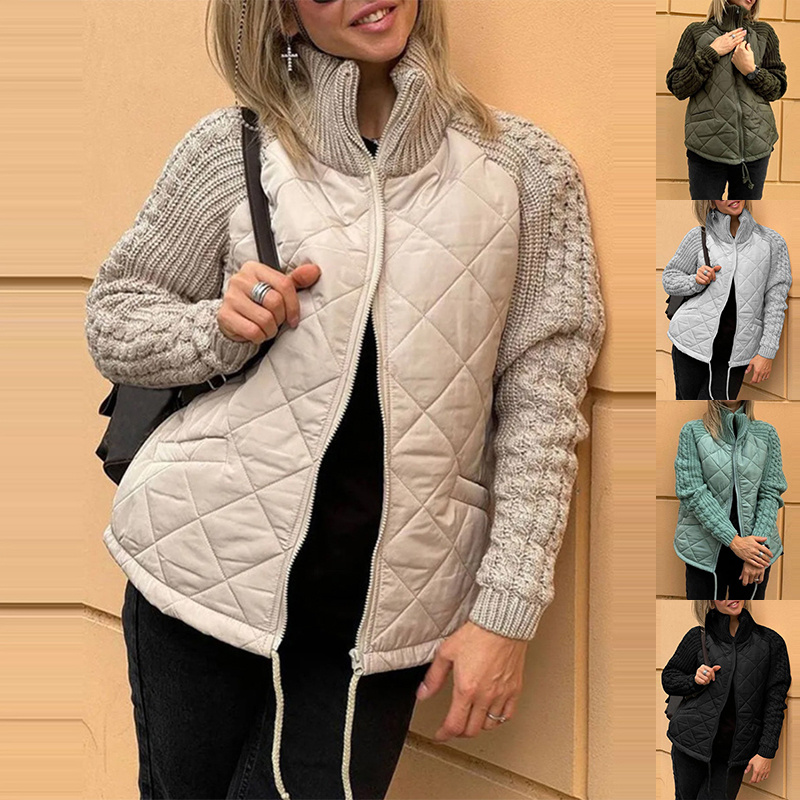 Winter Stand Collar Cotton Jacket With Pockets Fashion Knitted Stitching Zipper Coat Warm Tops For Women Clothing