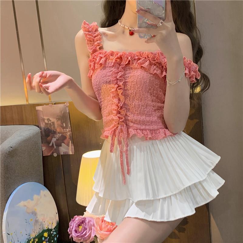 Solid Color Pleated Lace Drawcord Waistcoat Suspender For Women - Image 2