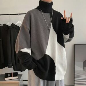 6f396c10-2ffc-4985-8b43-2dfcb88f3f35.jpg Contrasting Color High-neck Pullover Outer Wear Lazy Wind Thickened Base Sweater Men