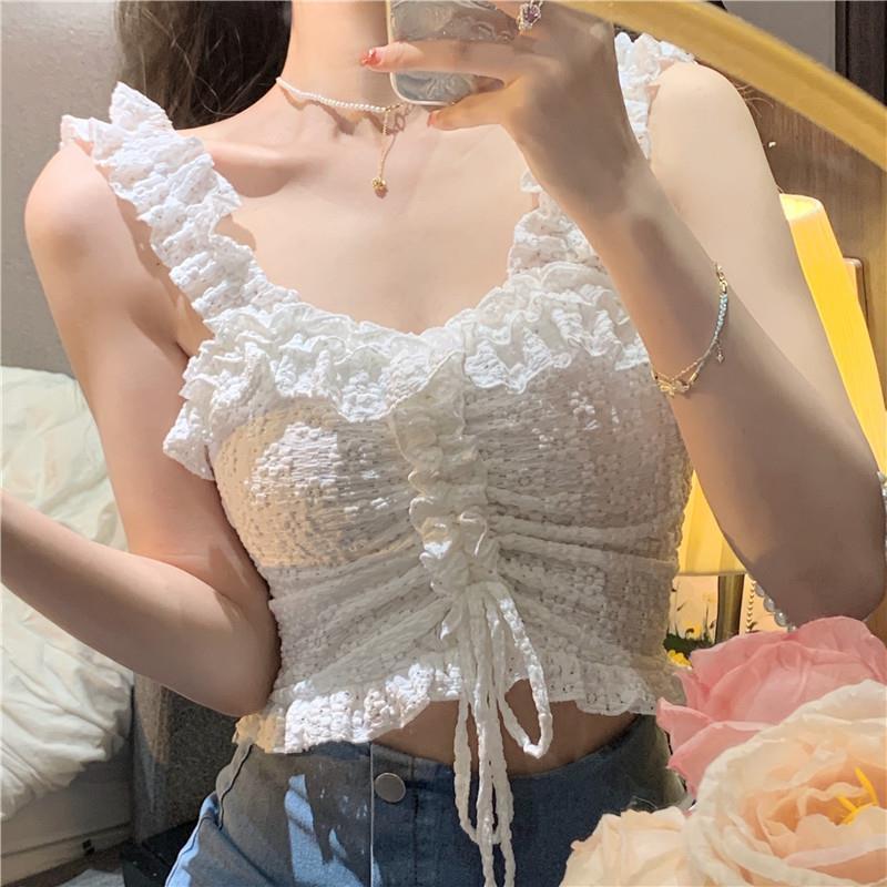 Solid Color Pleated Lace Drawcord Waistcoat Suspender For Women - Image 5