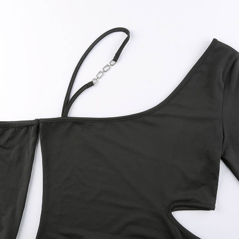 Irregular Slanted Shoulder Slit Long Sleeve Dress - Image 6