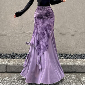 Irregular Purple Floral-print Mesh Patchwork Skirt