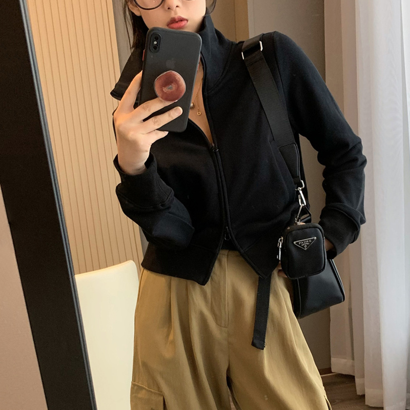 American Retro Gray Short Hoodie Stand Up Collar Jacket For Women - Image 3