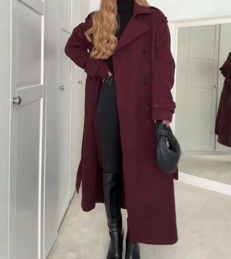 Fashion Lapel Woolen Coat With Belt Winter Double-breasted Trench Long Jacket For Women Clothing - Image 3