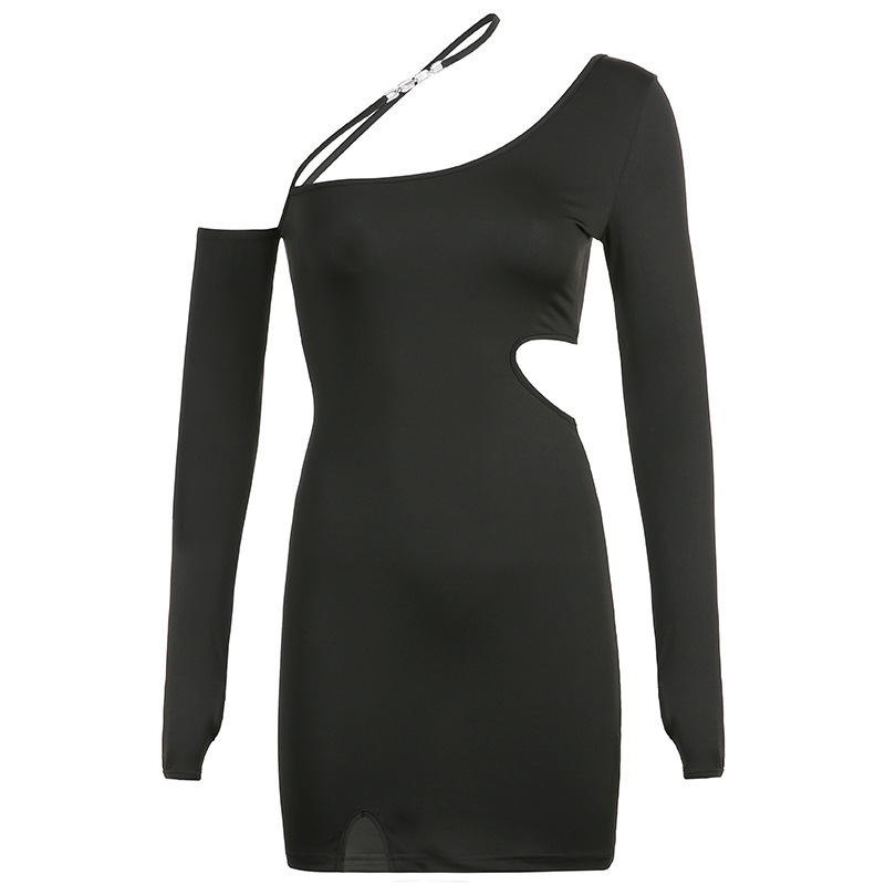 Irregular Slanted Shoulder Slit Long Sleeve Dress - Image 2