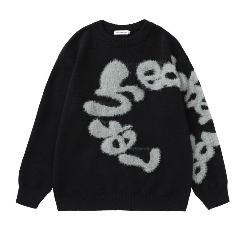 Plush Letter Crew Neck Sweater BF Men And Women Loose All-matching Sweater - Image 8