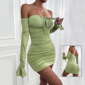 d04669b0-dd67-49c6-84c4-80dea3c98df2.jpg Fashion Slim Off-shoulder Long Sleeve Dress Sexy Tie Pleated Short Dresses Womens Clothing