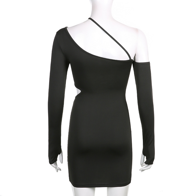 Irregular Slanted Shoulder Slit Long Sleeve Dress - Image 5