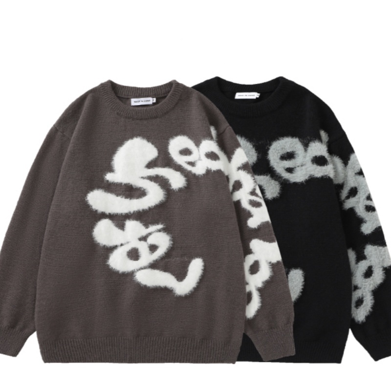 Plush Letter Crew Neck Sweater BF Men And Women Loose All-matching Sweater - Image 4