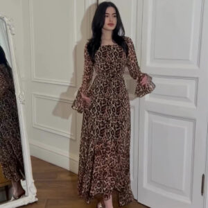 Leopard Print Ruffle Sleeve Stitching Irregular Dress
