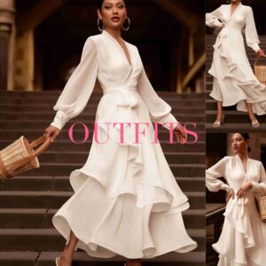 White Satin V-Neck Ruffle Maxi Dress for Women – Long Sleeve Formal Evening Gown