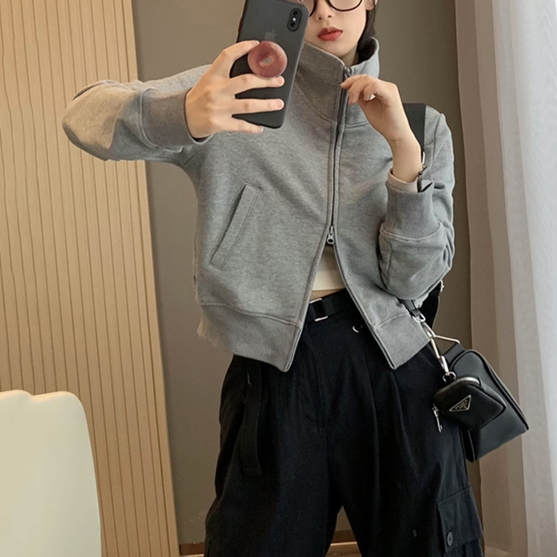 American Retro Gray Short Hoodie Stand Up Collar Jacket For Women - Image 2
