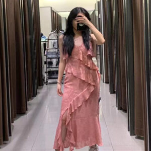 Layered Jacquard V-neck Long Strap Dress
